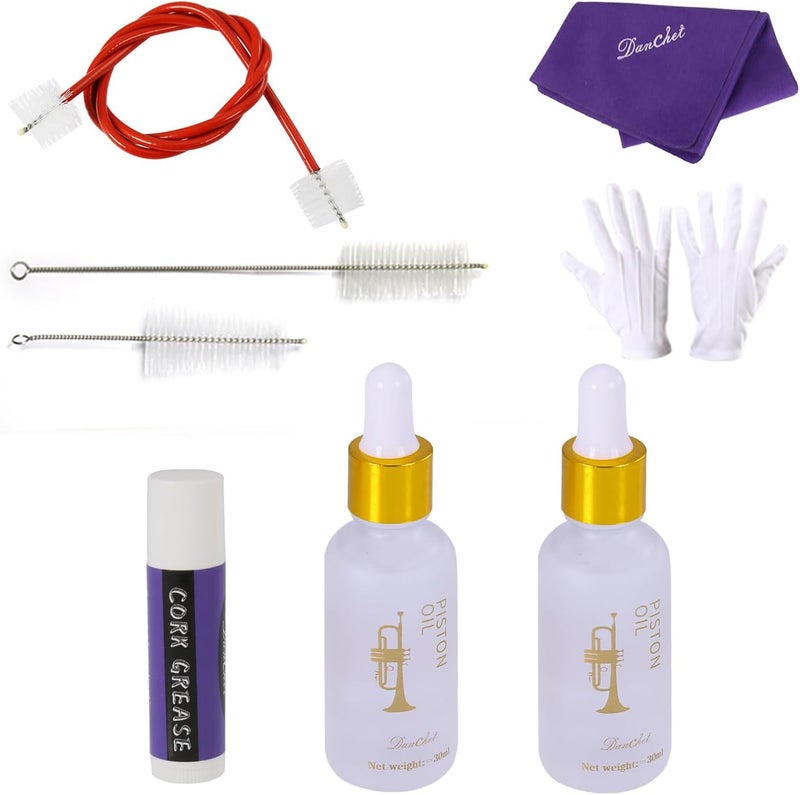 Danchet Trumpet Cleaning Kit - Trumpet (Short) Cleaning and Maintenance Kit - Multifunctional Trumpet Care Kit: Valve Oil x2, Cork Grease, Cleaning Cloth, Mouthpiece, Cleaning Brush, Gloves - Image 3